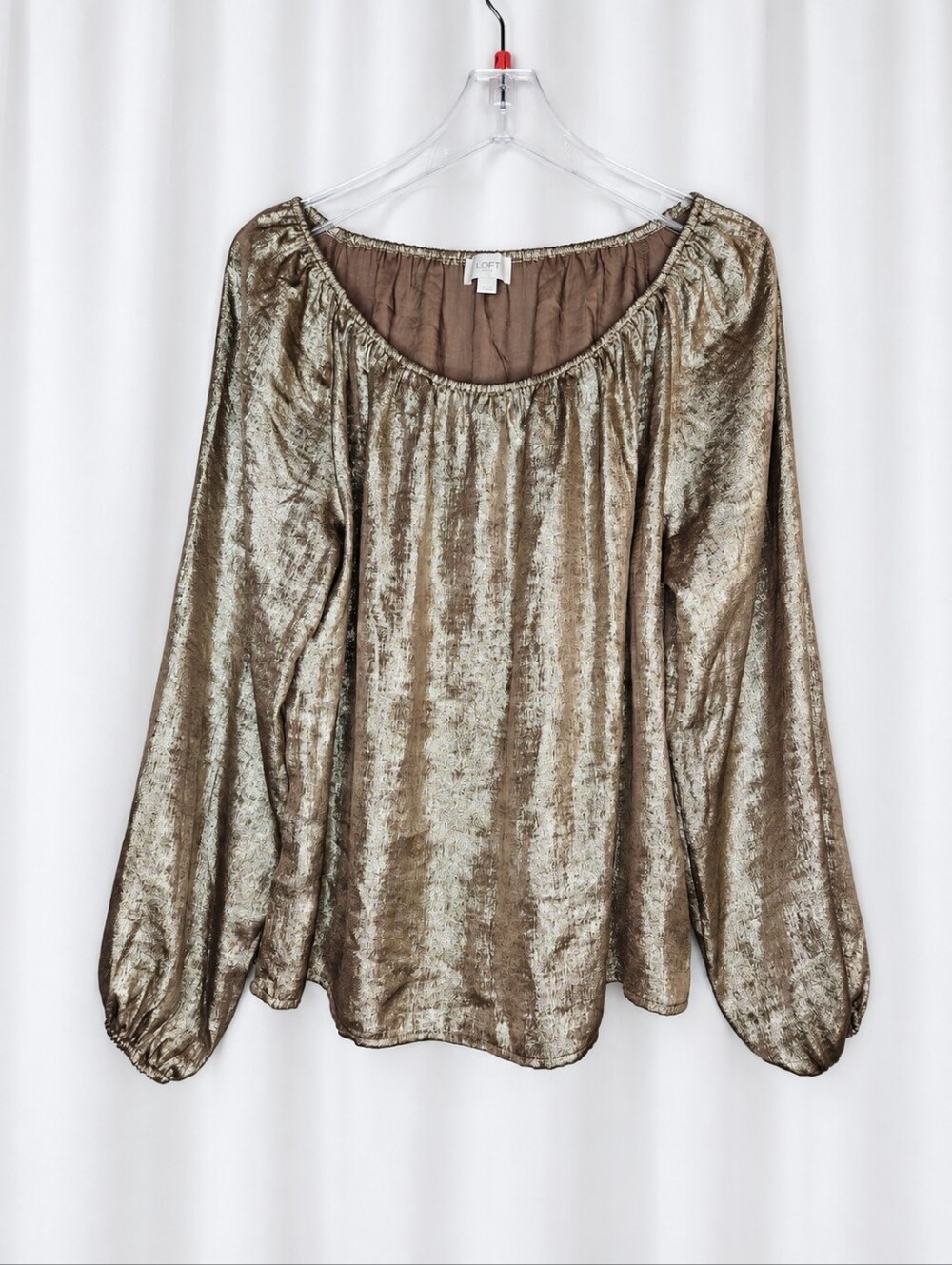 LOFT Outlet Metallic Gold Bronze Shimmer Balloon Sleeves Boho Peasant Blouse